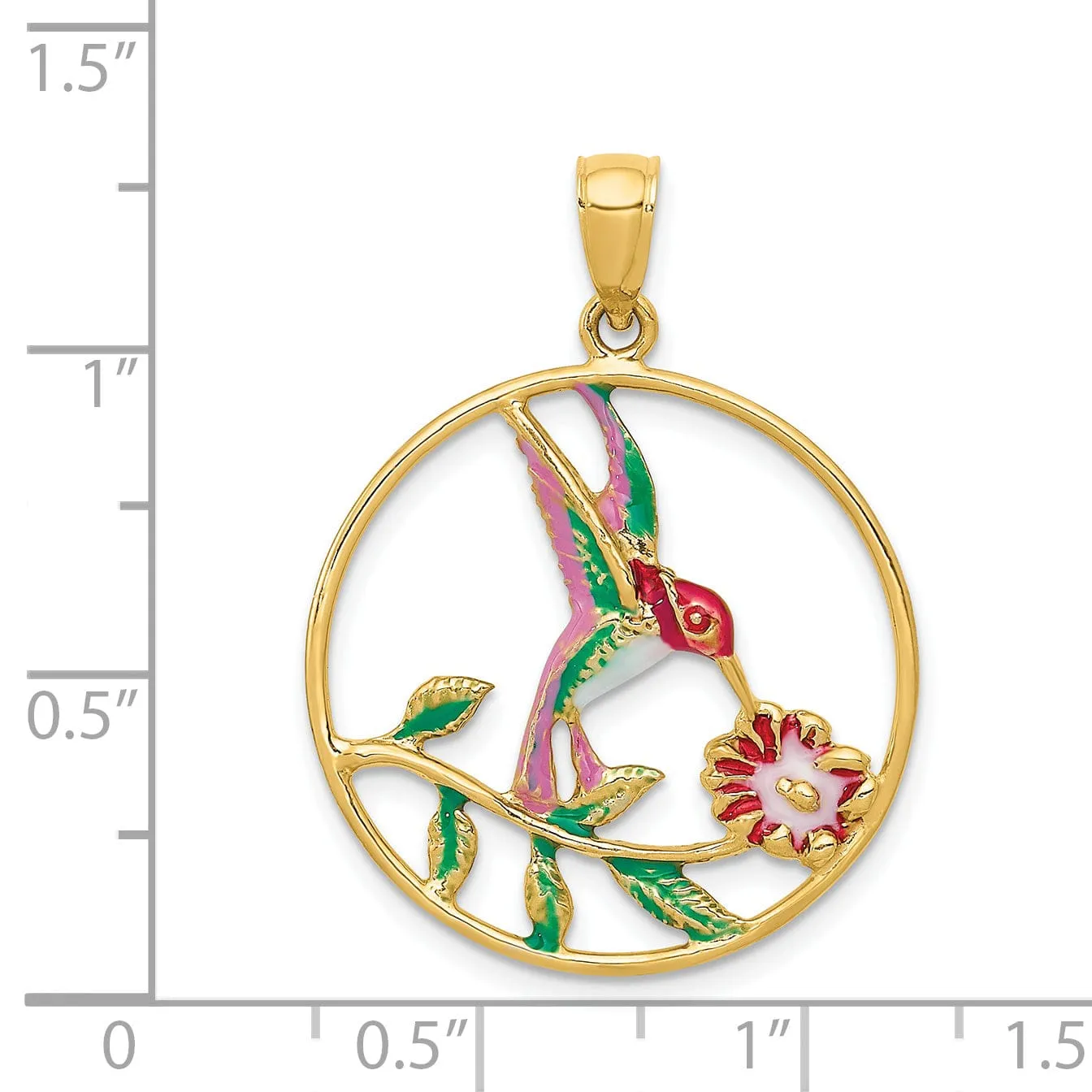 14K Yellow Gold Solid Multi Color Enamel Polished Finish Hummingbird with Flower Design in Round Frame Shape Circle Pendant