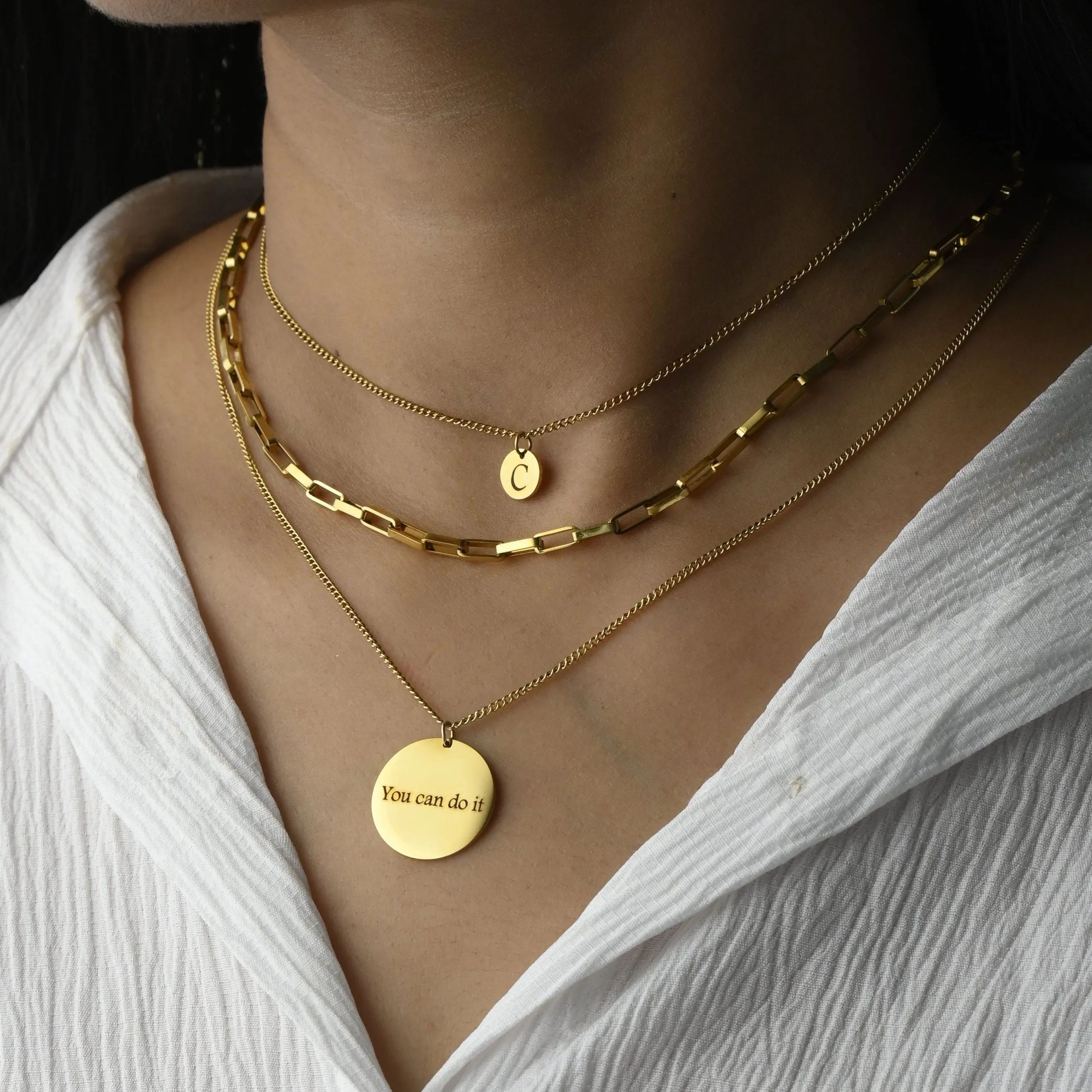 18K Gold-Filled Personalized Disc Necklace - Custom Engraved Necklace - Triple Layer Necklace - Pendant Necklace - Handmade Initial Necklace