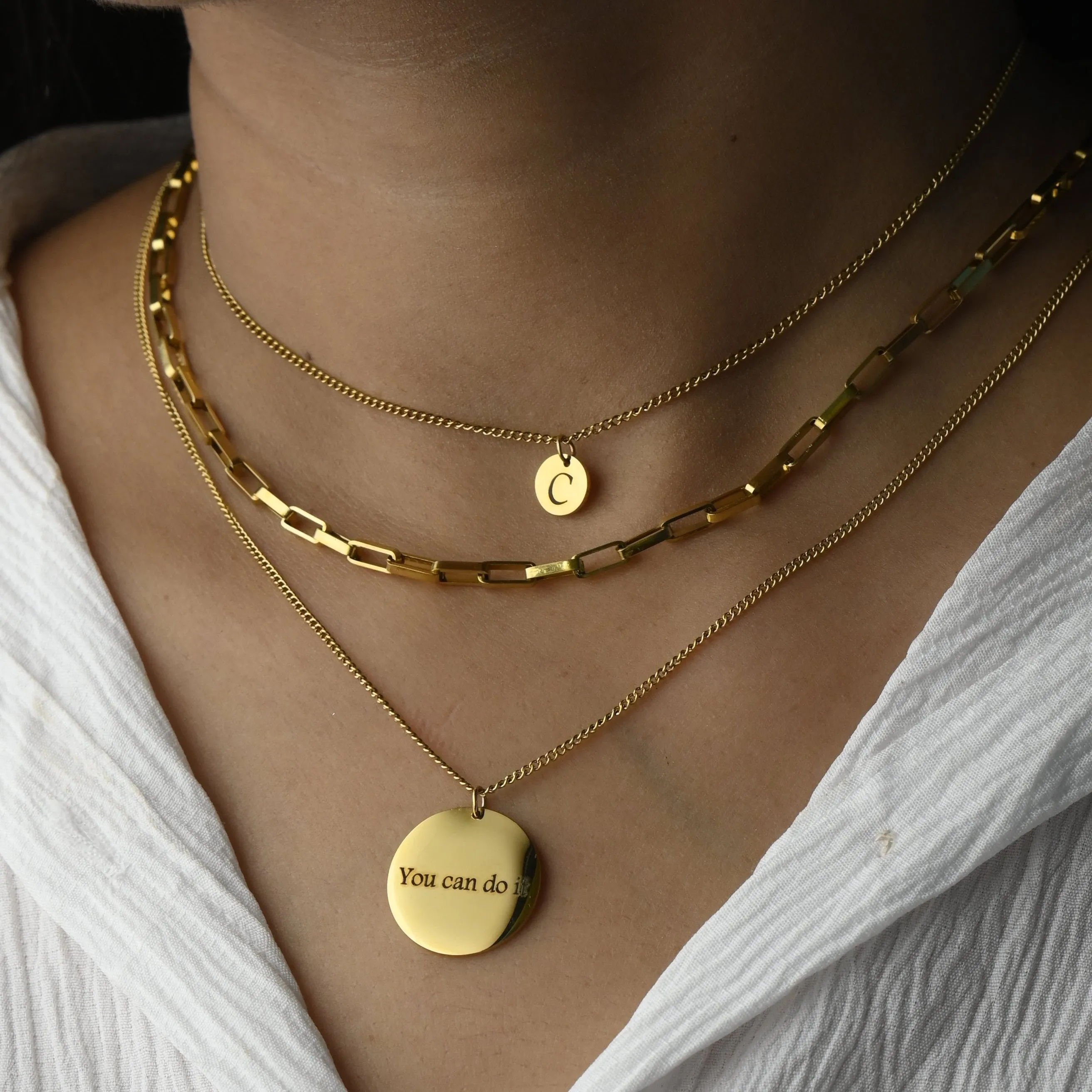 18K Gold-Filled Personalized Disc Necklace - Custom Engraved Necklace - Triple Layer Necklace - Pendant Necklace - Handmade Initial Necklace