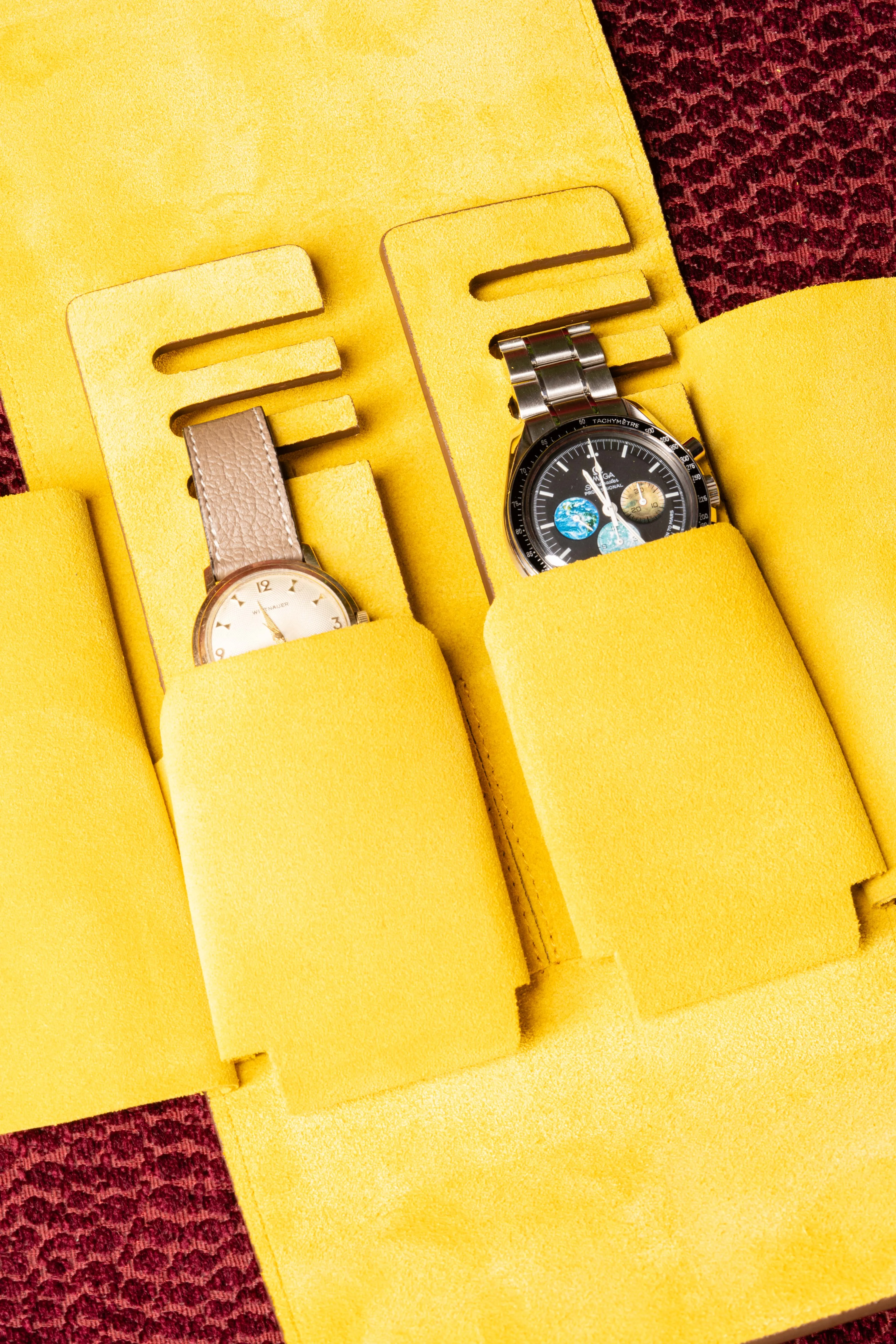 3-Watch Saddle Brown & Sunflower Suede Leather Watch Case