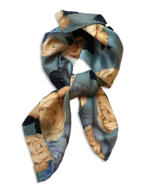70cm x 70cm Square Scarf Duck Egg Yellow Rose Pattern Print Thin Silky Womens Summer Spring