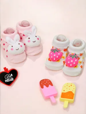 Baby Girls' Socks Set with Adorable Bunny and Strawberry Designs