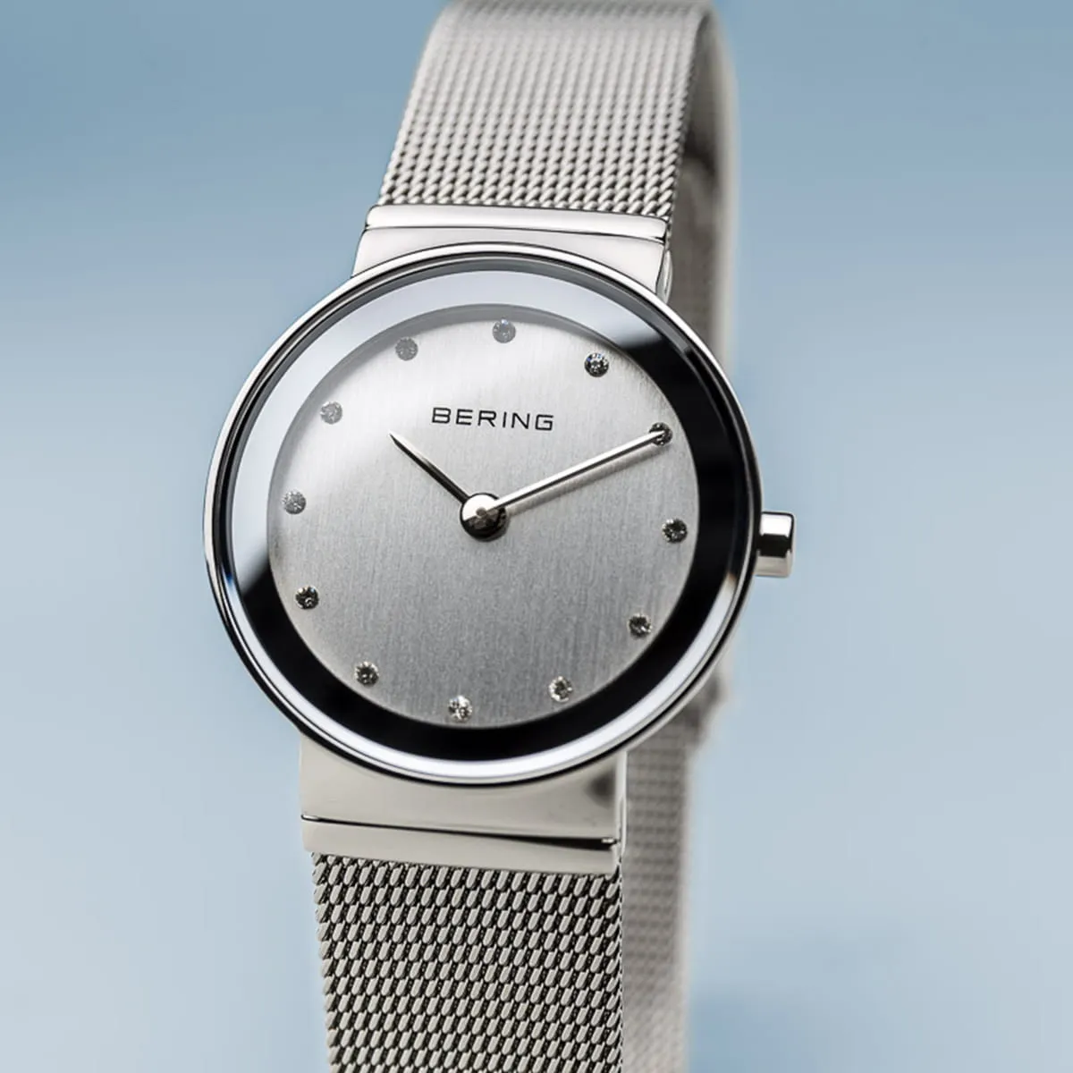 Bering Classic Grey Stainless Steel Mesh Watch with Swarovski Crystals