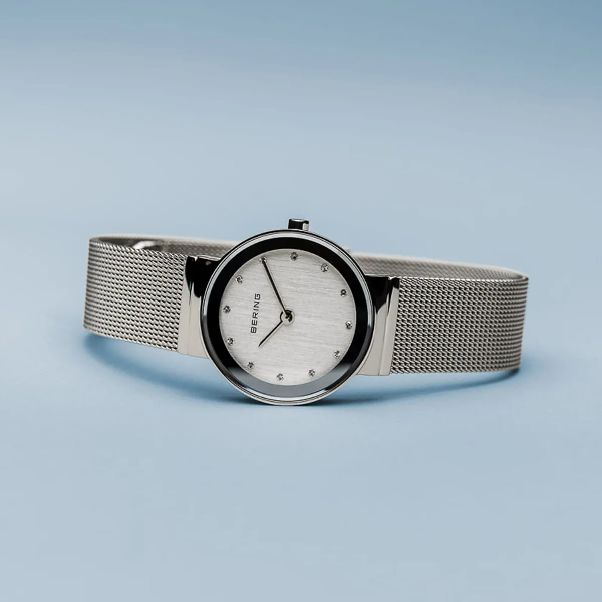 Bering Classic Grey Stainless Steel Mesh Watch with Swarovski Crystals
