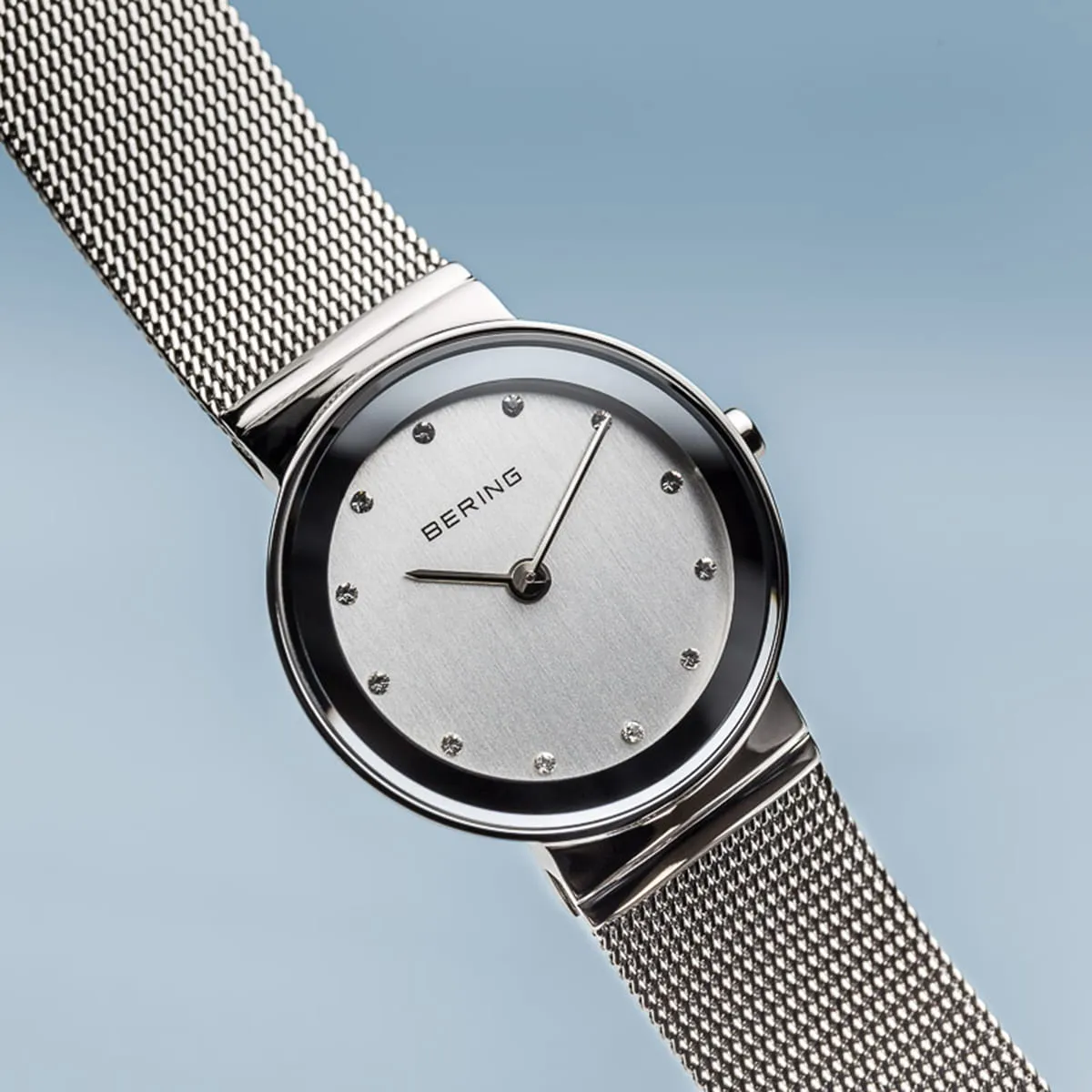 Bering Classic Grey Stainless Steel Mesh Watch with Swarovski Crystals