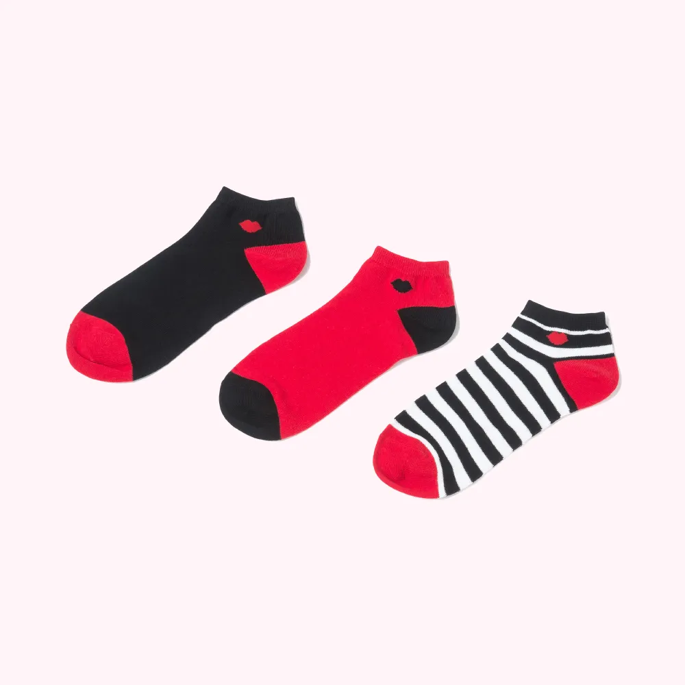 BLACK, CHALK AND RED STRIPE LIP BLOT TRAINER SOCKS - 3 PAIRS