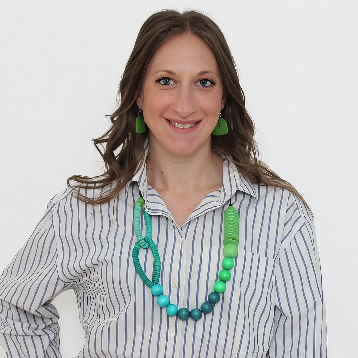 Blue and Green Wood Link Necklace