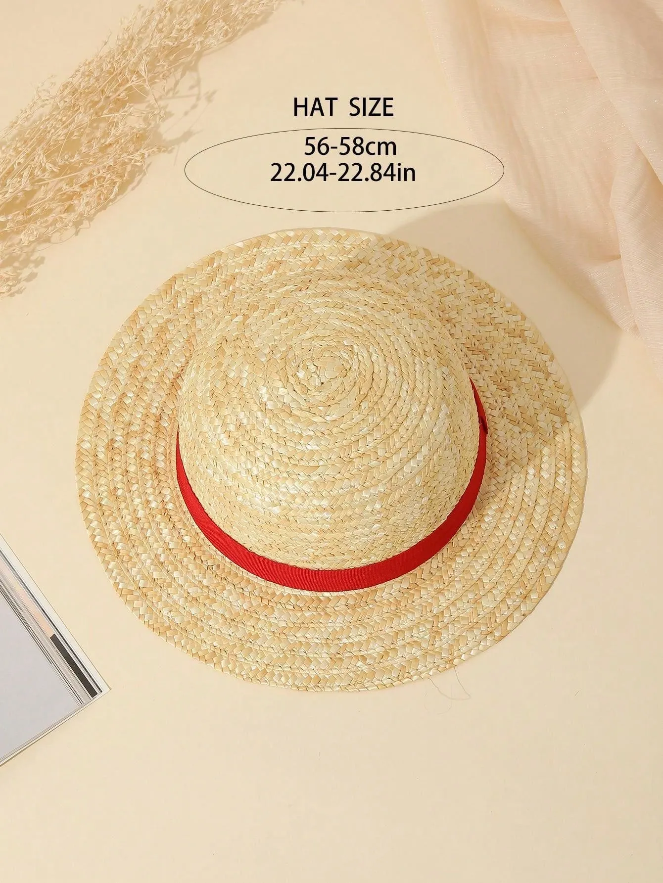 Boho Red Ribbon Natural Wheat Straw Sun Hat For Beach, Sun Protection