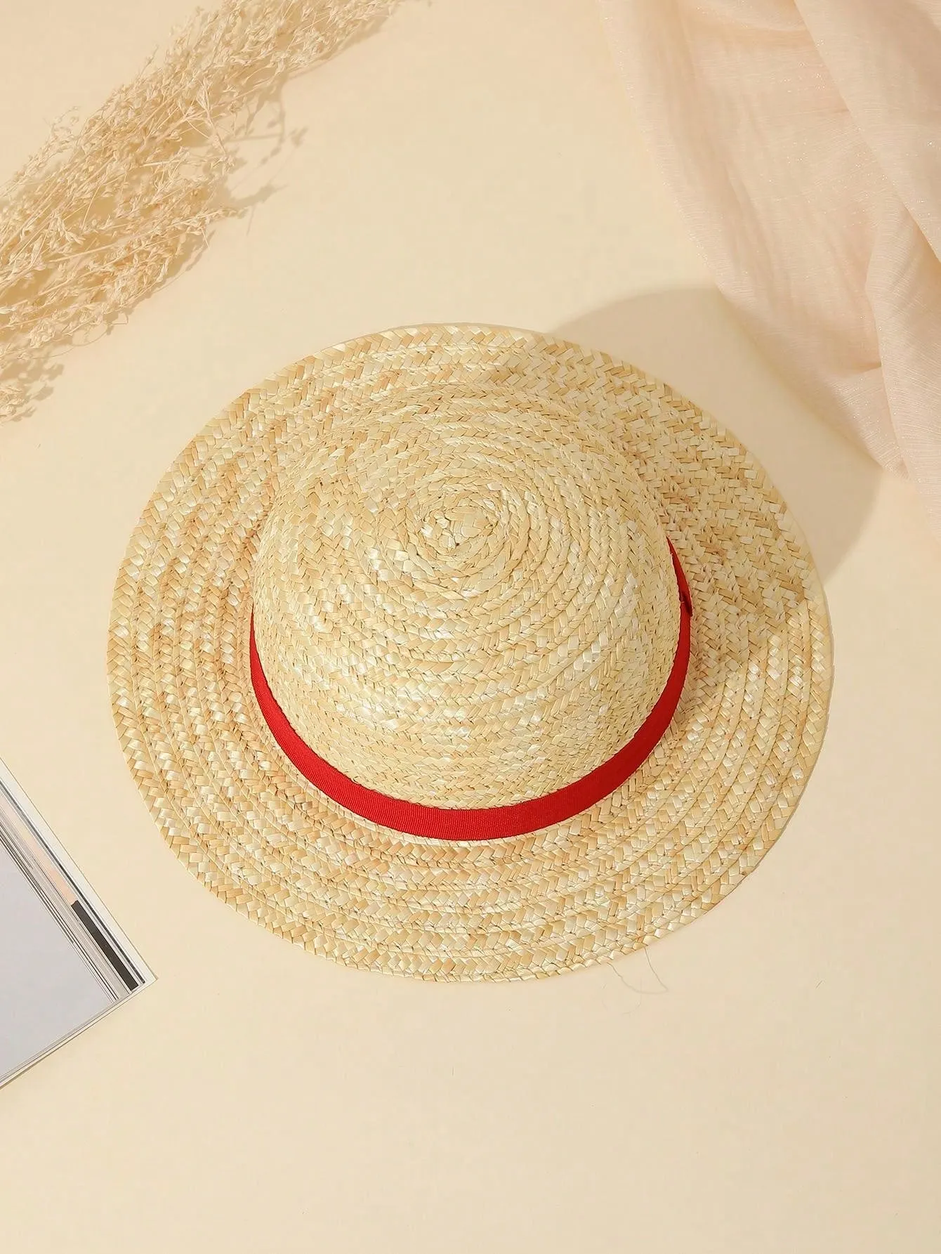 Boho Red Ribbon Natural Wheat Straw Sun Hat For Beach, Sun Protection