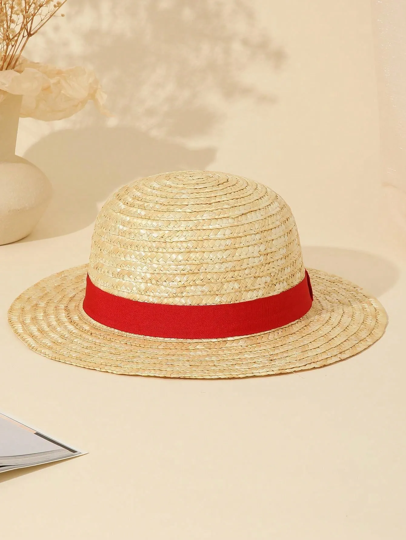 Boho Red Ribbon Natural Wheat Straw Sun Hat For Beach, Sun Protection