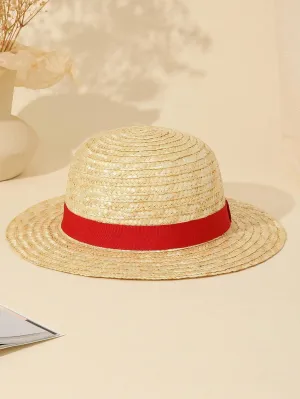 Boho Red Ribbon Natural Wheat Straw Sun Hat For Beach, Sun Protection