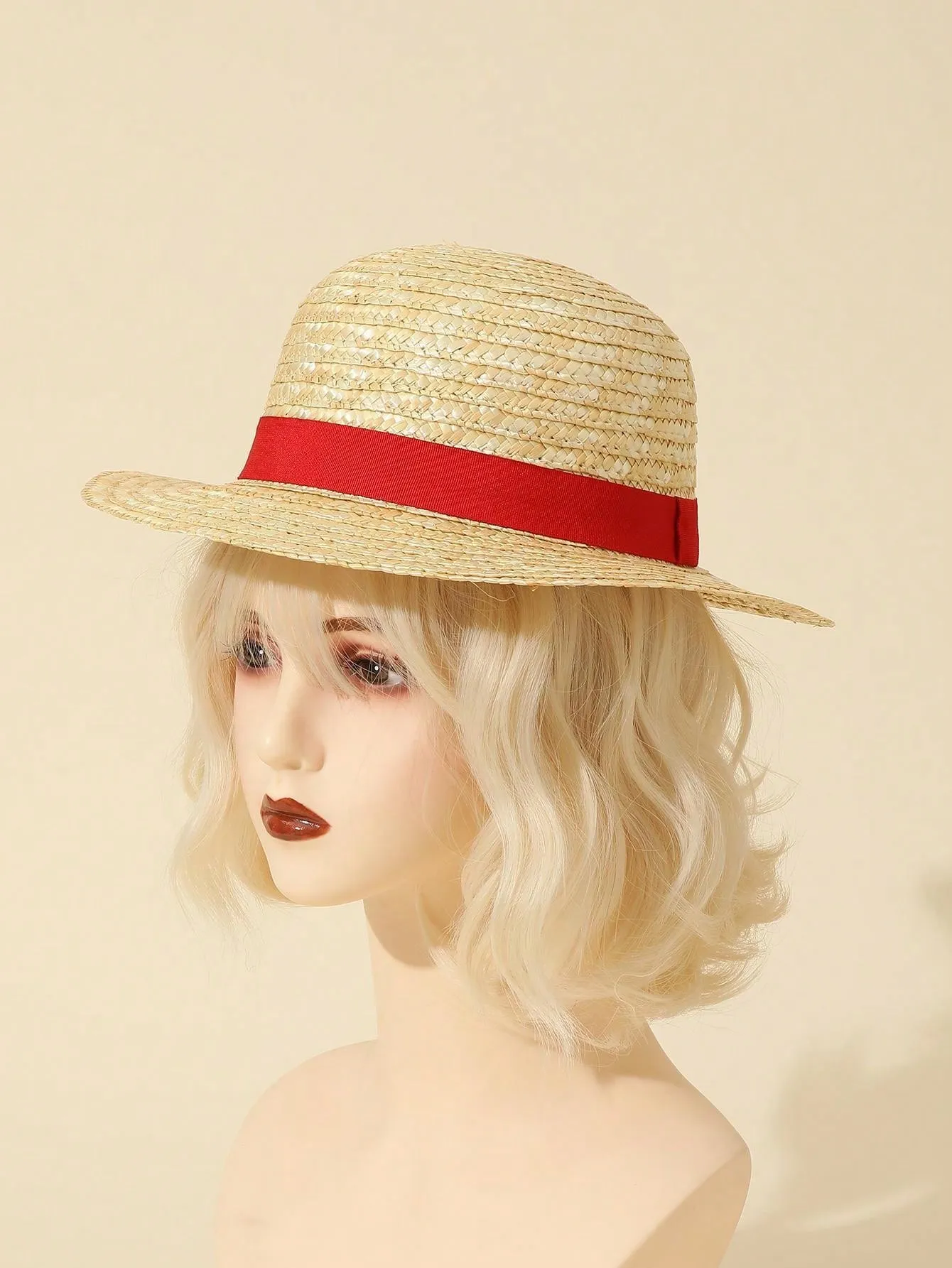 Boho Red Ribbon Natural Wheat Straw Sun Hat For Beach, Sun Protection