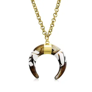 Boho Tribal Crescent Moon Pendant Necklace in Gold Tone - White or Brown Option
