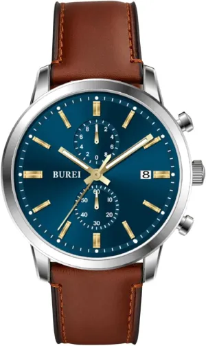 BUREI Men's Leather Watches Chronograph Quartz Watches for Men Classic Fashion Wristwatch Relojes para Hombres,Gift for Men(Brown Black)