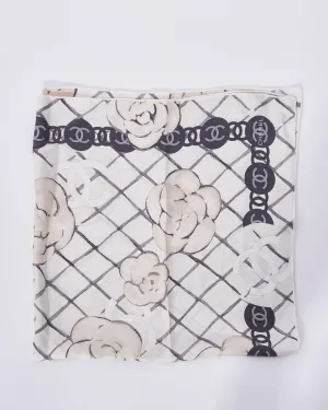 Chanel White & Grey Camellia Flower & Logo Silk Scarf