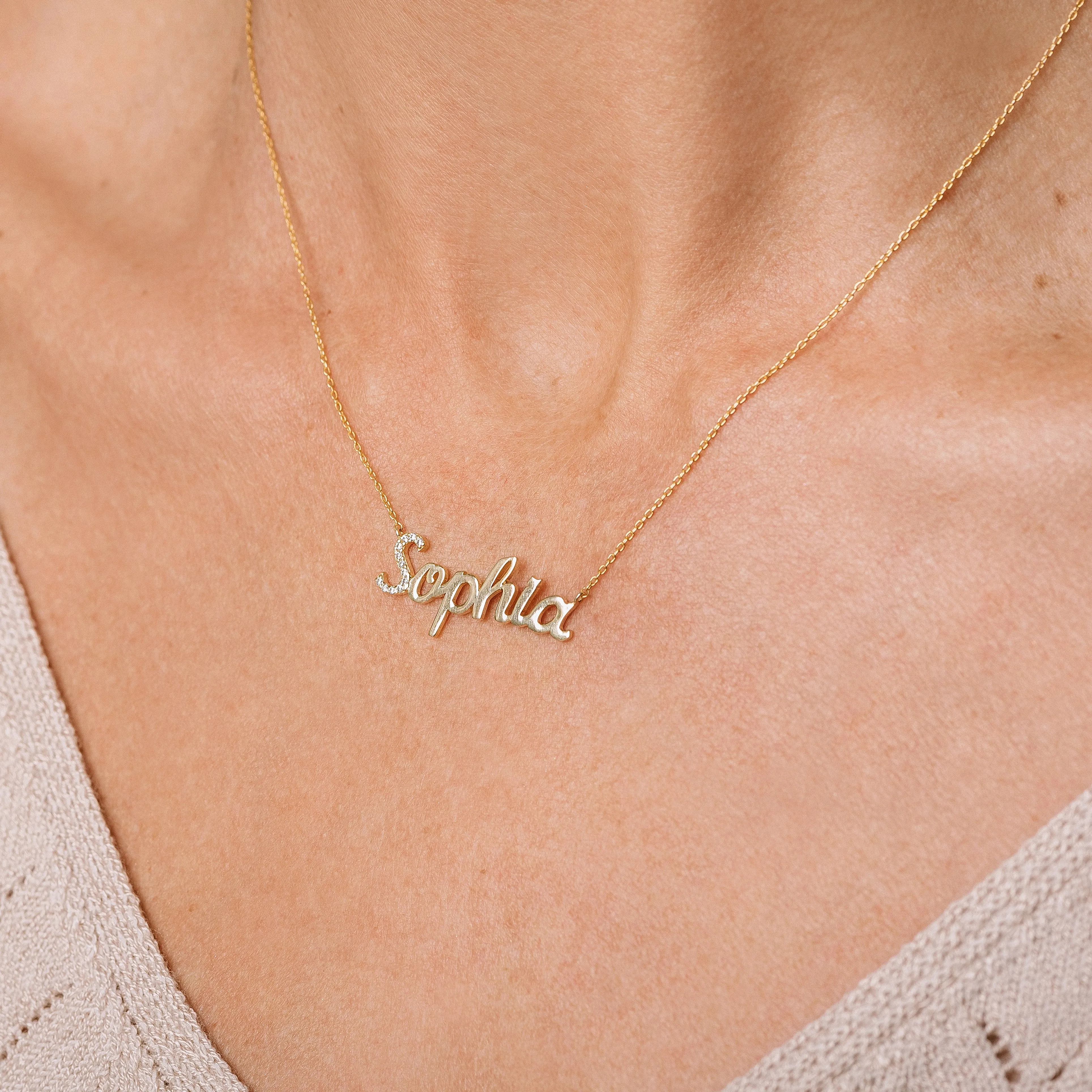 Diamond Pavé Personalized Cursive Necklace, 14k