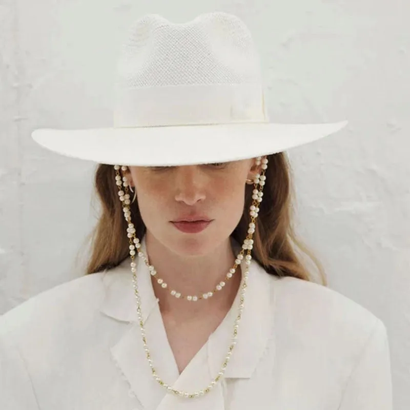 Double Chain Strap Fedora Hat for Women - Summer Sun Hats with Neck Pearls - Sunshade Beach Hat - Raffia Wedding Hat
