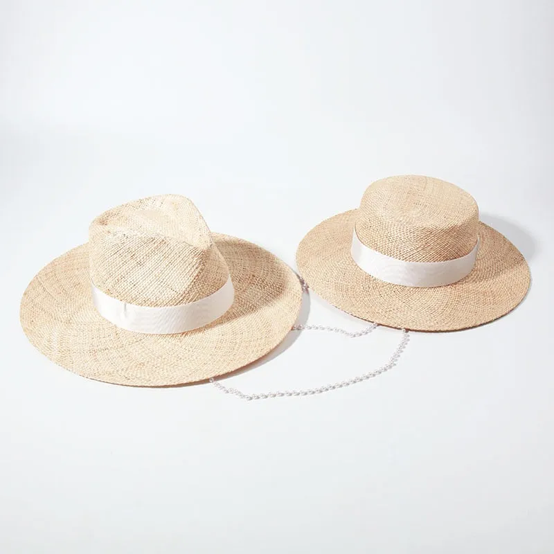 Double Chain Strap Fedora Hat for Women - Summer Sun Hats with Neck Pearls - Sunshade Beach Hat - Raffia Wedding Hat