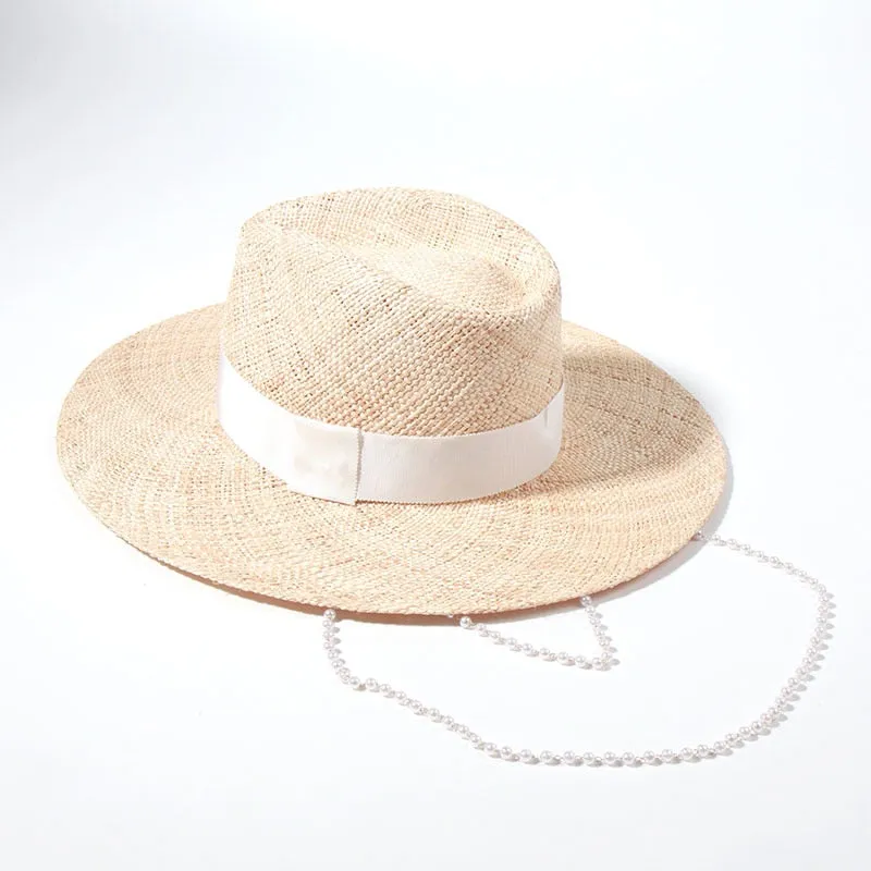 Double Chain Strap Fedora Hat for Women - Summer Sun Hats with Neck Pearls - Sunshade Beach Hat - Raffia Wedding Hat