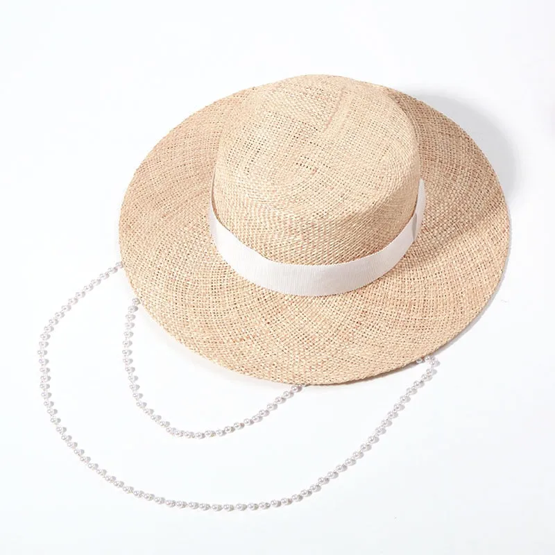 Double Chain Strap Fedora Hat for Women - Summer Sun Hats with Neck Pearls - Sunshade Beach Hat - Raffia Wedding Hat
