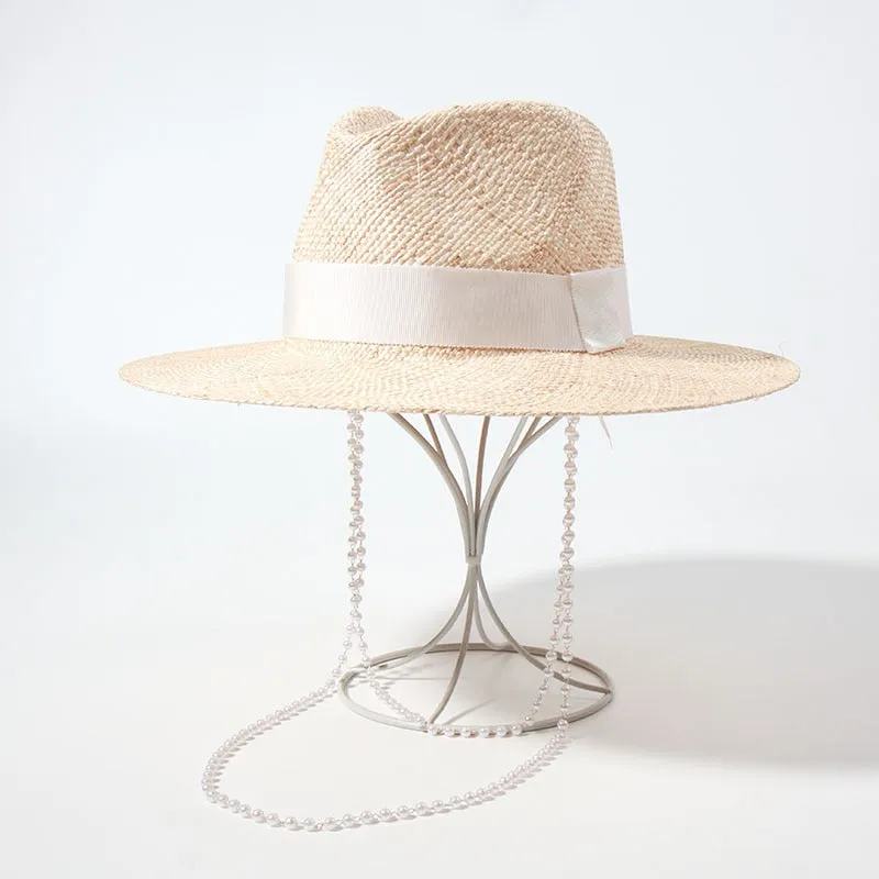 Double Chain Strap Fedora Hat for Women - Summer Sun Hats with Neck Pearls - Sunshade Beach Hat - Raffia Wedding Hat