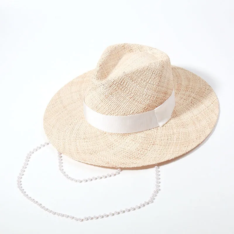 Double Chain Strap Fedora Hat for Women - Summer Sun Hats with Neck Pearls - Sunshade Beach Hat - Raffia Wedding Hat
