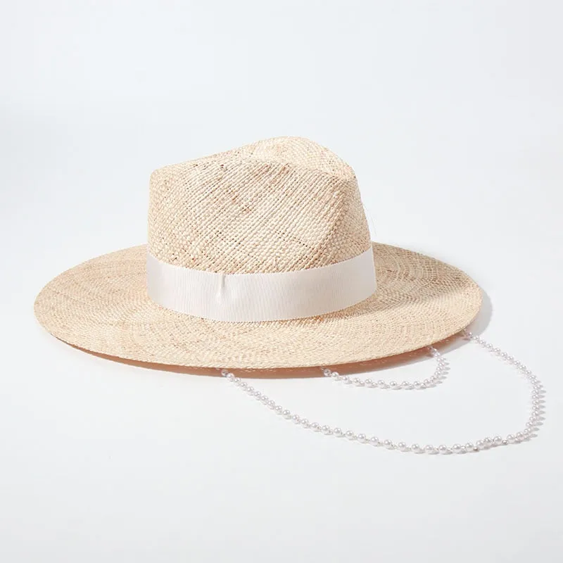 Double Chain Strap Fedora Hat for Women - Summer Sun Hats with Neck Pearls - Sunshade Beach Hat - Raffia Wedding Hat