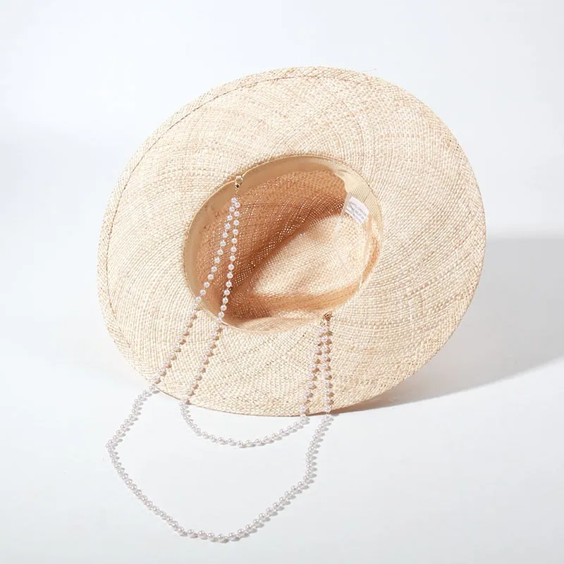 Double Chain Strap Fedora Hat for Women - Summer Sun Hats with Neck Pearls - Sunshade Beach Hat - Raffia Wedding Hat