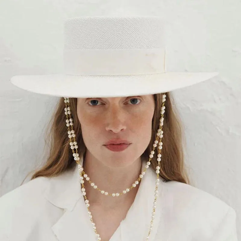 Double Chain Strap Fedora Hat for Women - Summer Sun Hats with Neck Pearls - Sunshade Beach Hat - Raffia Wedding Hat