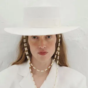 Double Chain Strap Fedora Hat for Women - Summer Sun Hats with Neck Pearls - Sunshade Beach Hat - Raffia Wedding Hat
