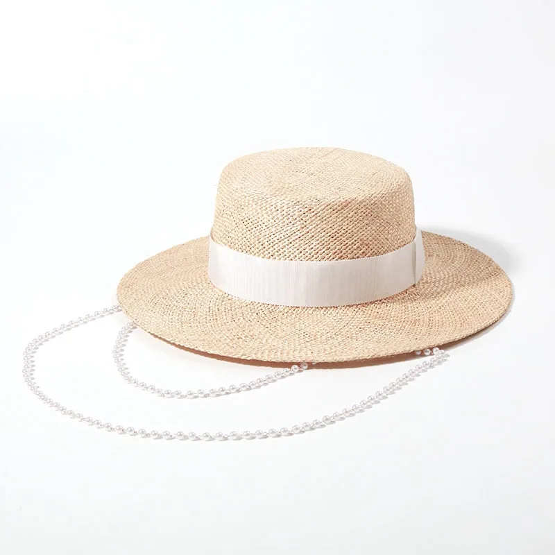 Double Chain Strap Fedora Hat for Women - Summer Sun Hats with Neck Pearls - Sunshade Beach Hat - Raffia Wedding Hat