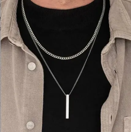 Double-Layer Chain Necklace with Vertical Pendant