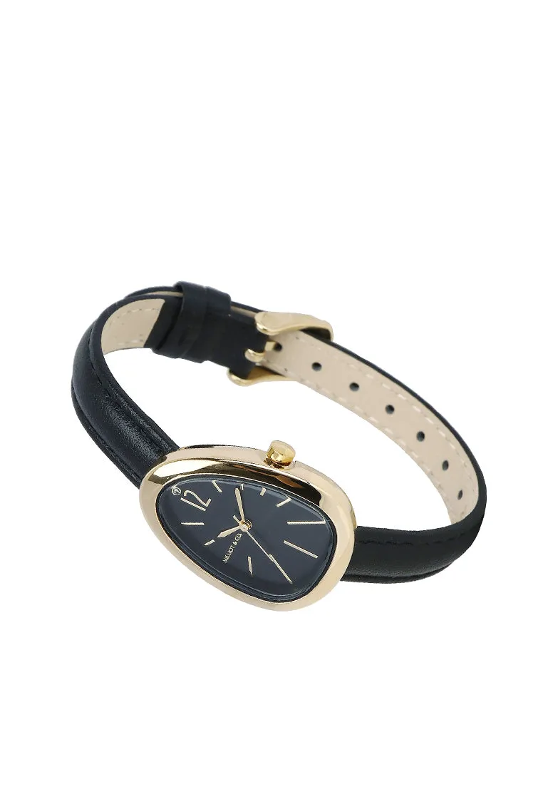 Fiona Gold Leather Analog Watches with Bangle Set (Black)
