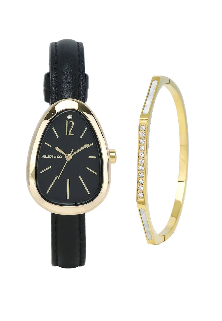 Fiona Gold Leather Analog Watches with Bangle Set (Black)