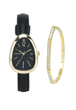 Fiona Gold Leather Analog Watches with Bangle Set (Black)