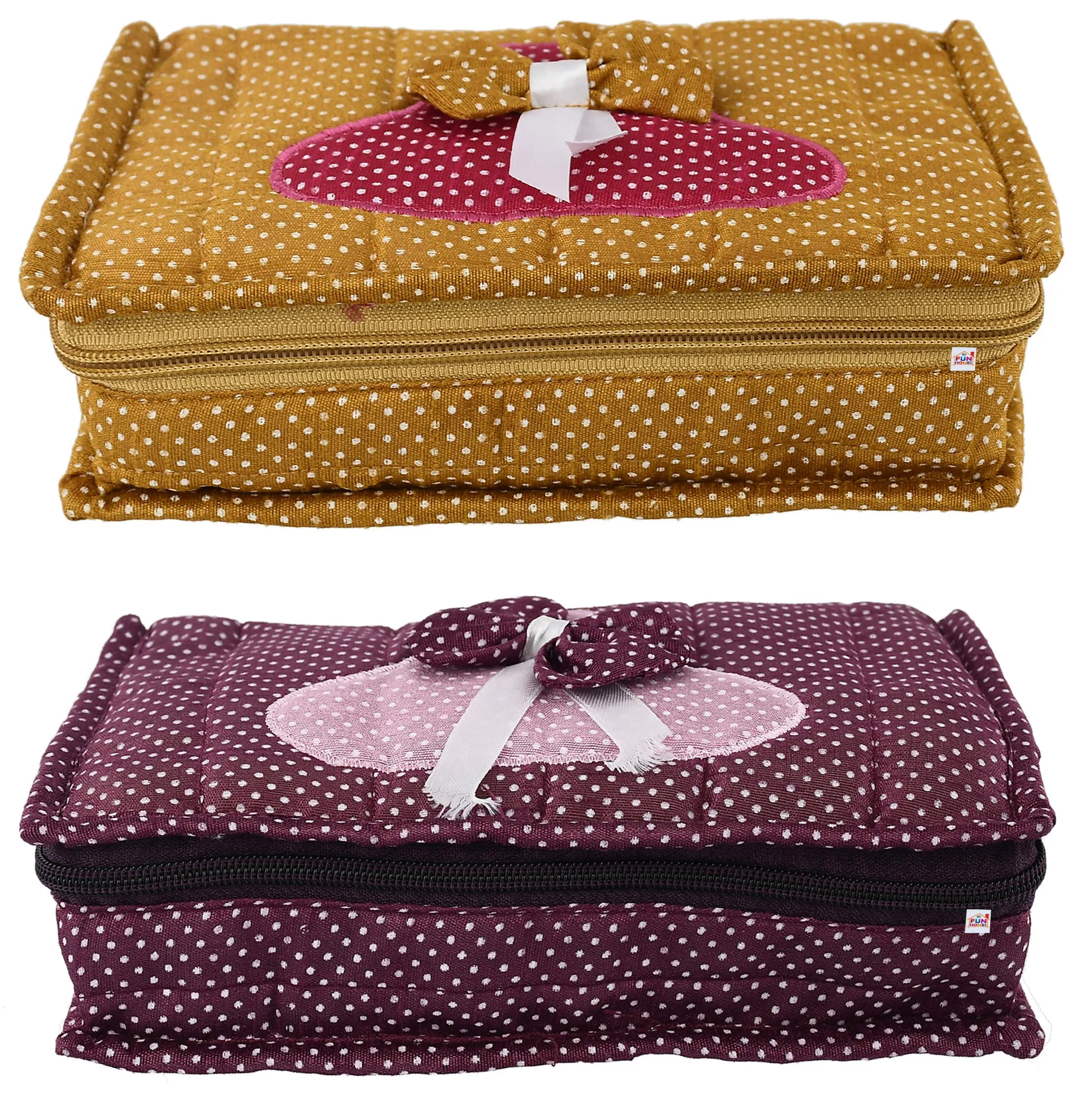 Fun Homes Cotton Multipurpose 7 Pocket Dot Printed Jewellery Storage Bag Pouch/Travel Kit Organizer (Purple & Gold)-Pack of 2-FHUNH15465