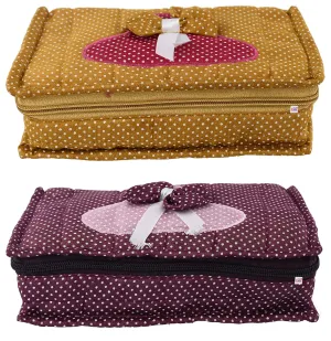 Fun Homes Cotton Multipurpose 7 Pocket Dot Printed Jewellery Storage Bag Pouch/Travel Kit Organizer (Purple & Gold)-Pack of 2-FHUNH15465