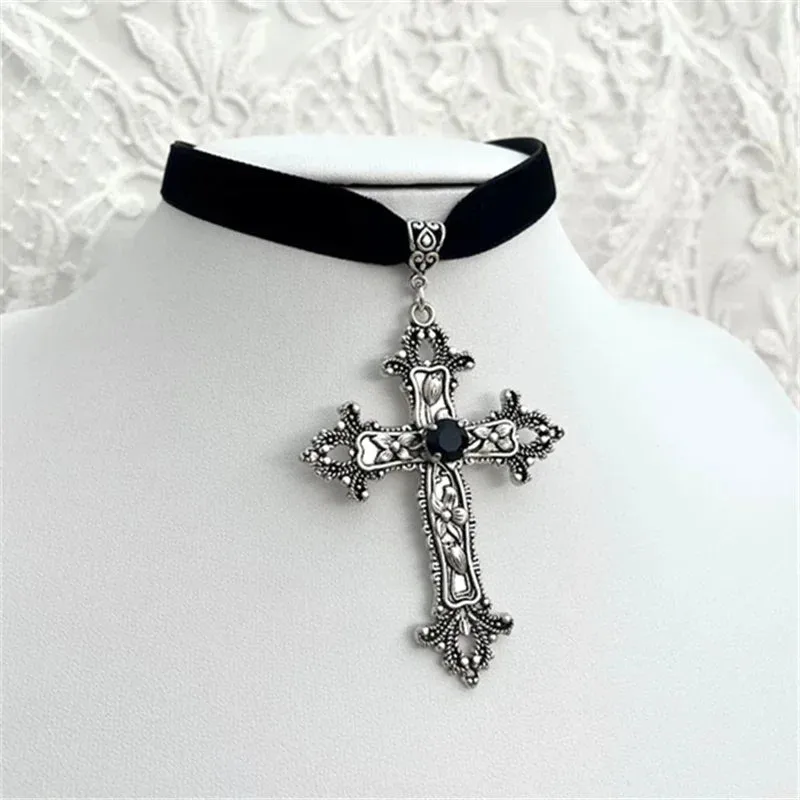 Goth Limited Black Velvet Cross Bead Choker