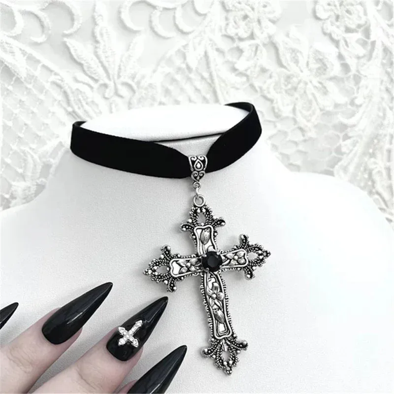 Goth Limited Black Velvet Cross Bead Choker