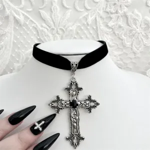 Goth Limited Black Velvet Cross Bead Choker