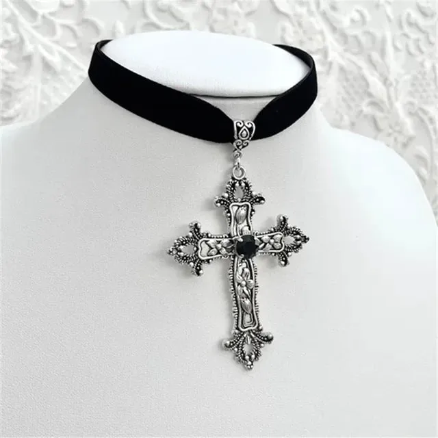 Goth Limited Black Velvet Cross Bead Choker