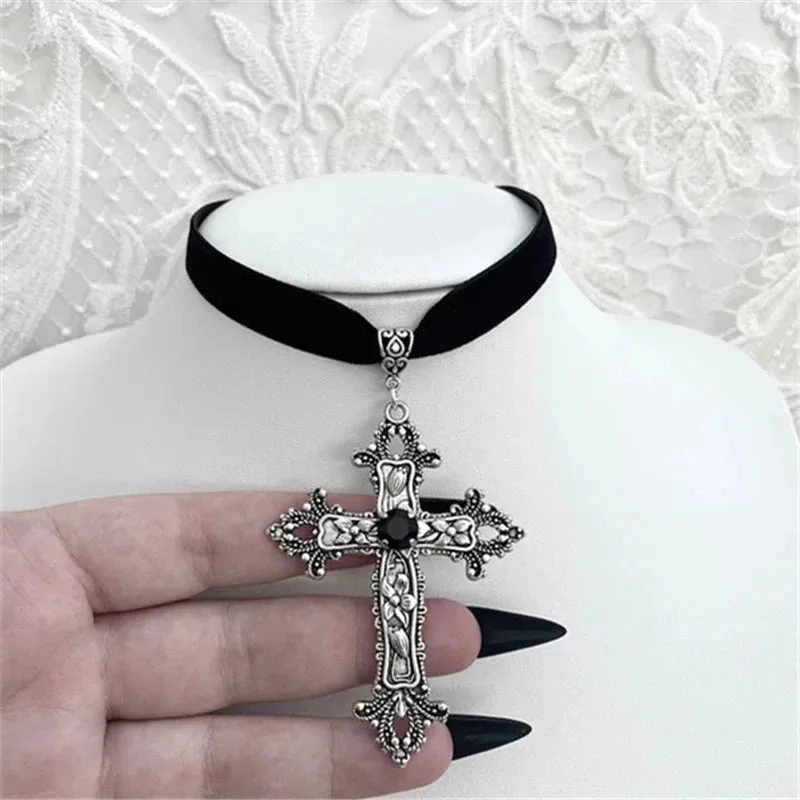 Goth Limited Black Velvet Cross Bead Choker