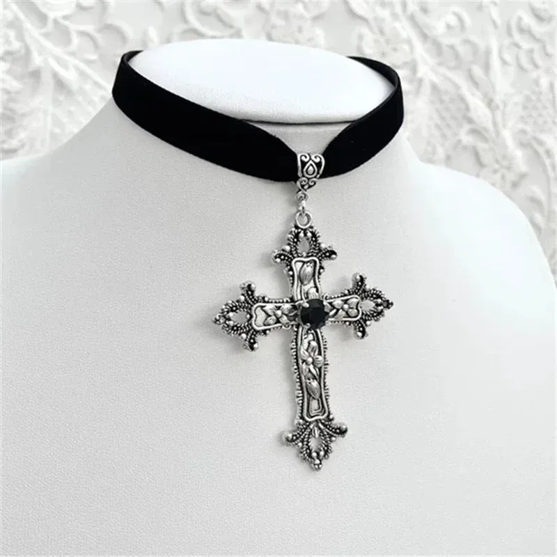 Goth Limited Black Velvet Cross Bead Choker
