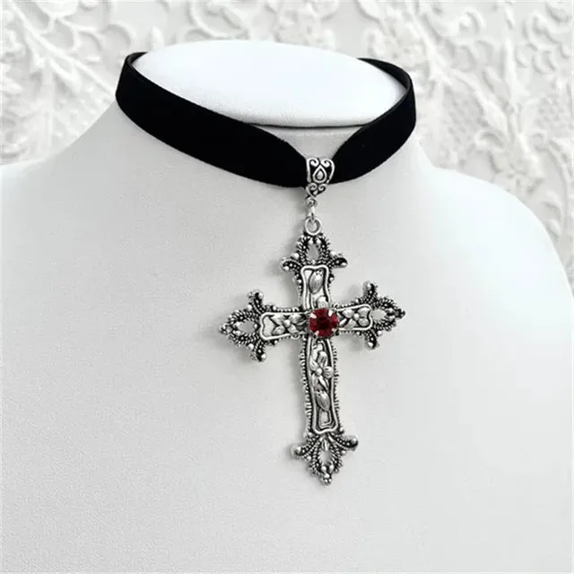 Goth Limited Black Velvet Cross Bead Choker