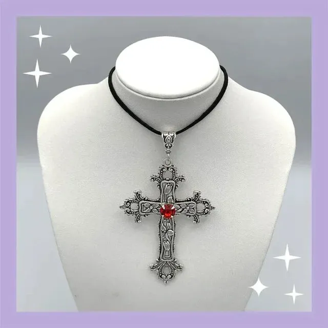 Goth Limited Black Velvet Cross Bead Choker