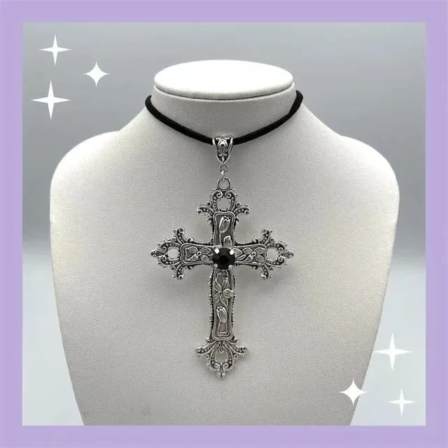 Goth Limited Black Velvet Cross Bead Choker
