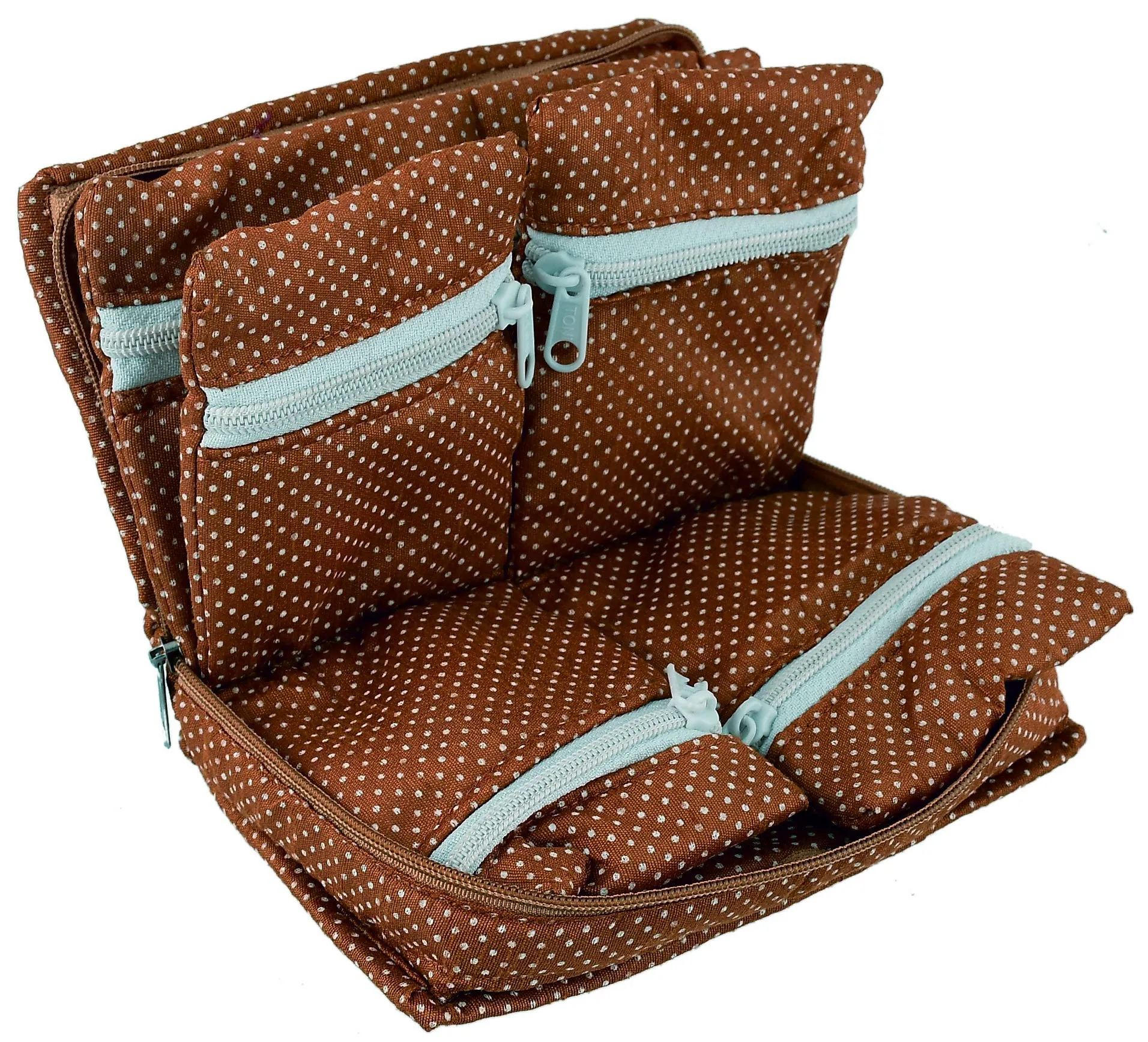 Heart Home Cotton Dot Printed Jewellery Pouch Cum Makeup Organiser Kit (Brown)-HHEART15432