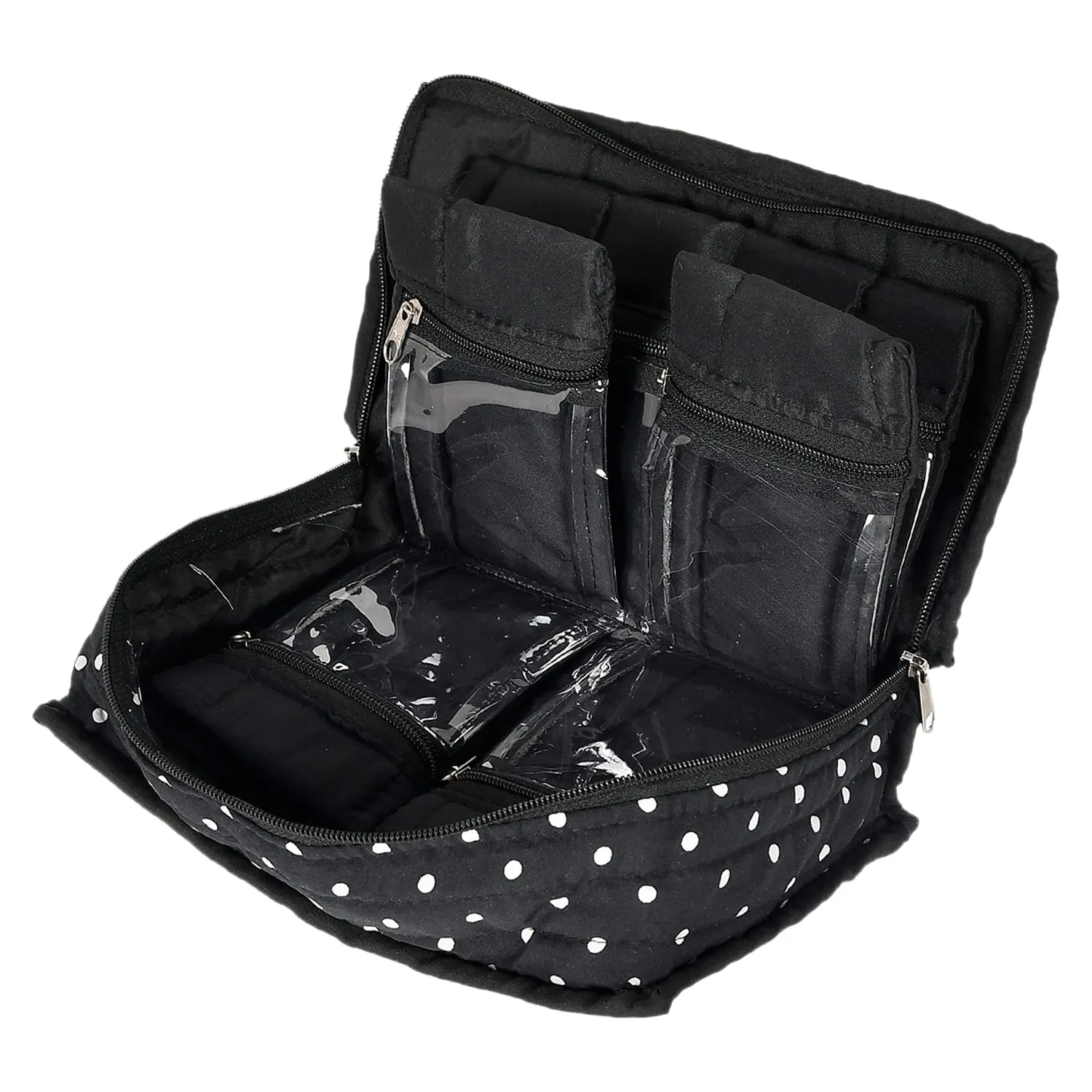 Heart Home Dot Printed Cotton Jewellery Organizer With 6 Transparent Pockets For Keeps Your Jewellery,Earrings, Necklaces Organized And Secure (Black)-50HH01201