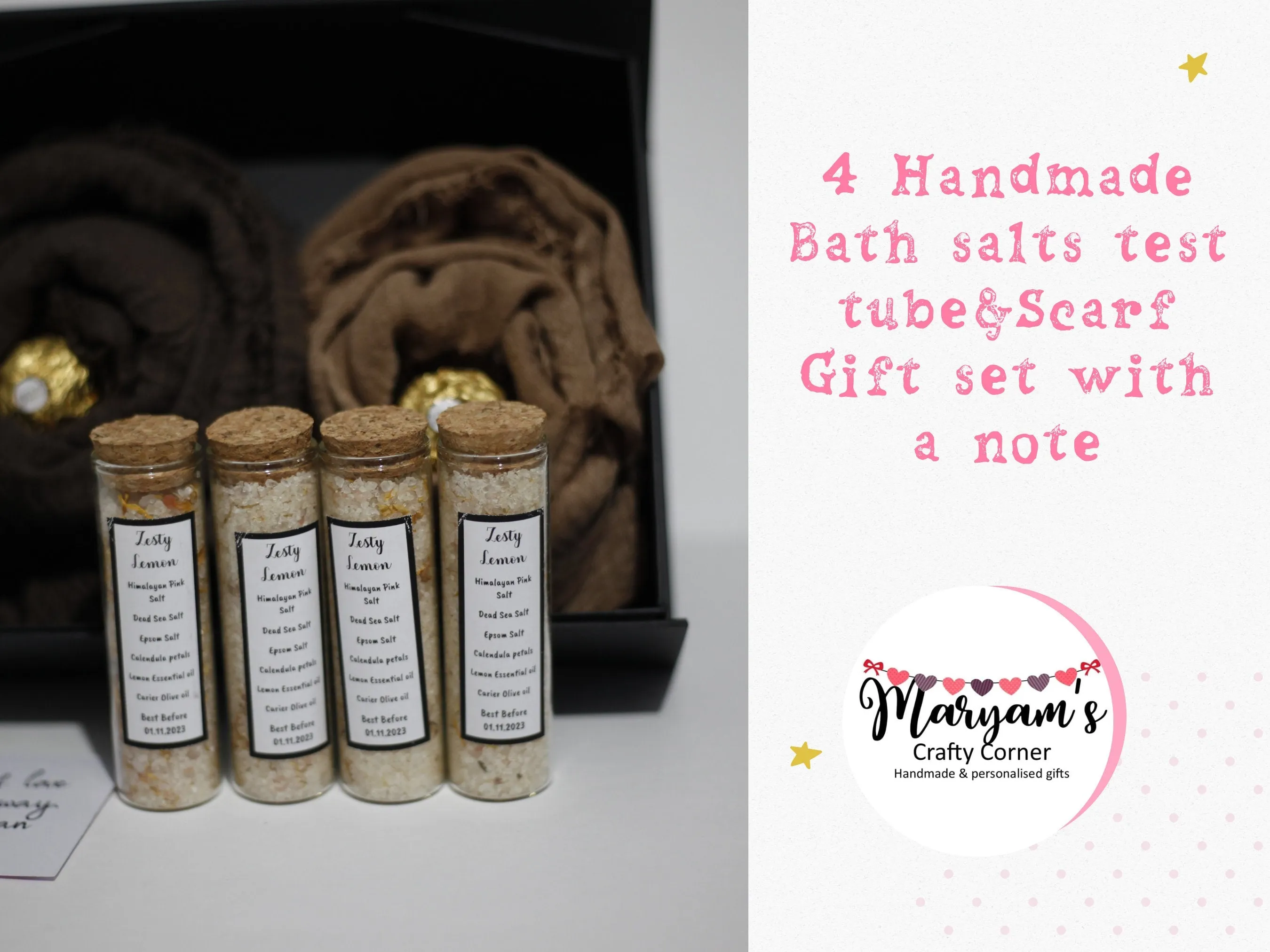 Hijab gift box set with handmade bath salts, gift card and gift message, gifts for her, gifts for Eid, Gifts for Mum, hijab gift