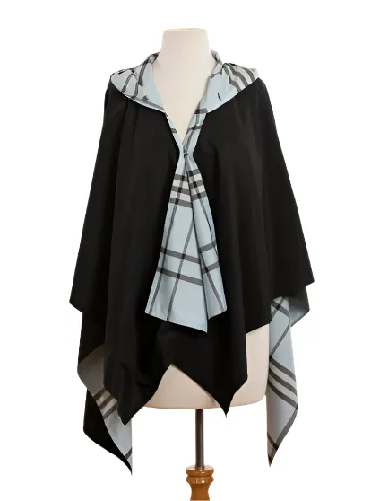 HOODED BLACK & LIGHT BLUE PLAID RAINRAP
